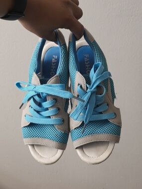 Blue Mesh Lace-Up Peep-Toe Sneakers